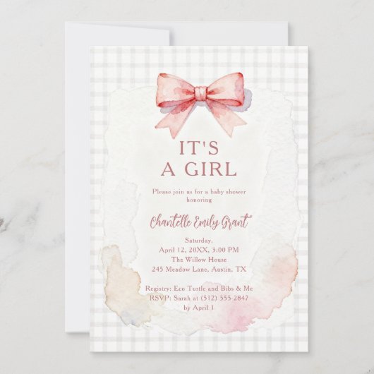 Trendy Pink Coquette Bow Girl Baby Shower LPM26 招待状 (正面)