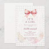 Trendy Pink Coquette Bow Girl Baby Shower LPM26 招待状 (正面/裏面)