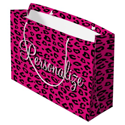 Trendy pink leopard print personalized gift bags ラージペーパーバッグ (裏面アングル)