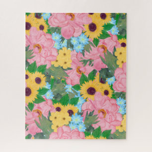 Trendy Pink Peonies Yellow Sunflowers Watercolor ジグソーパズル