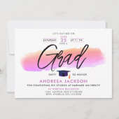 Trendy Pink Purple Grad Cap Bold Script Watercolor 招待状 (正面)