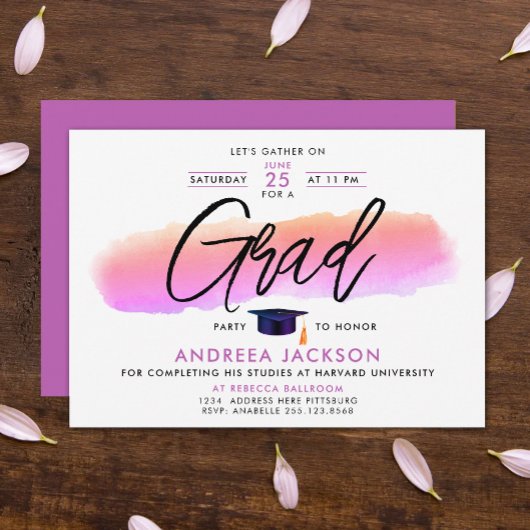 Trendy Pink Purple Grad Cap Bold Script Watercolor 招待状