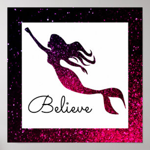 Trendy Pink & Purple Mermaid Silhouette Believe ポスター