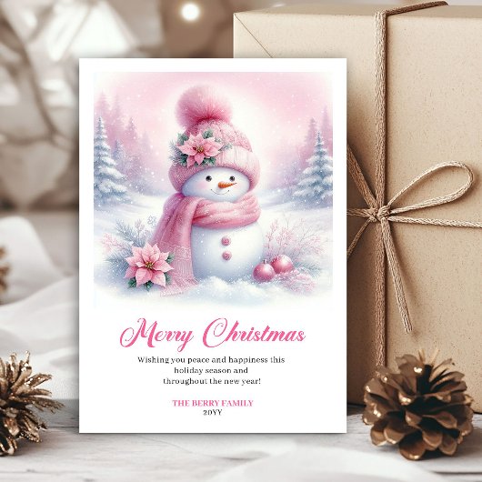 Trendy Pink Snowman Digital Christmas Scene Cards シーズンカード