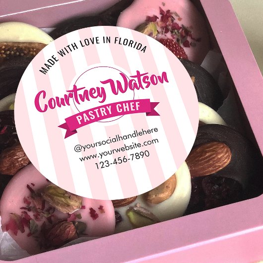 Trendy Pink Stripes Cake Bakery Pastry Chef ラウンドシール