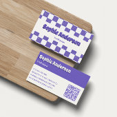 Trendy Purple Retro Check Pattern with QR Code 名刺