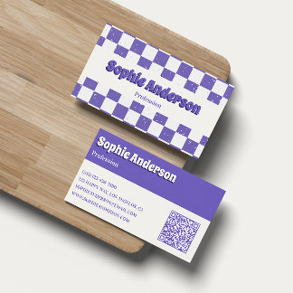 Trendy Purple Retro Check Pattern with QR Code 名刺