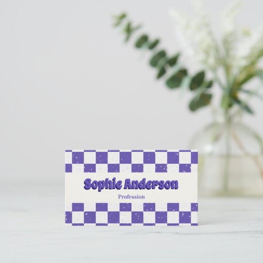 Trendy Purple Retro Check Pattern with QR Code 名刺 (スタンド正面)