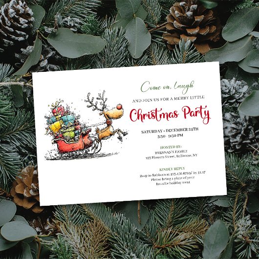 Trendy quirky reindeer Christmas party invite 招待状