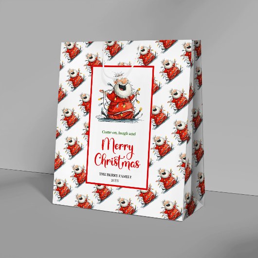 Trendy quirky Santa cute cheerful holiday gift bag ミディアムペーパーバッグ
