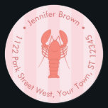 Trendy Red And Pink Lobster Bridal Shower ラウンドシール<br><div class="desc">This modern and trendy sticker design features a single hand drawn orange-red lobster against a pink striped background and return address text in a circular border. Shown here for a return address sticker but all of the text fields are flexible to your needs.</div>