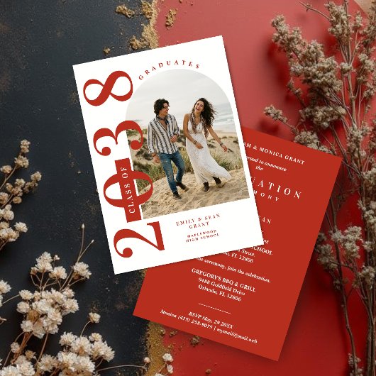 Trendy Red Arch Twins Graduation Photo TMF26 招待状