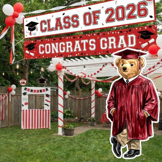 Trendy Red Bear Printable Graduation Party Decor ポスター