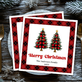 Trendy Red Black Plaid Napkin Personalized