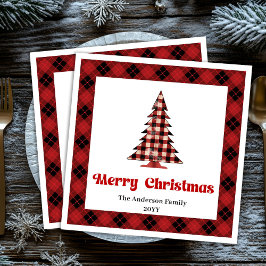 Trendy Red Black Plaid Tree Napkin Custom Name