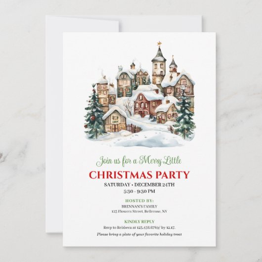 Trendy red green Christmas scene festive  招待状 (正面)