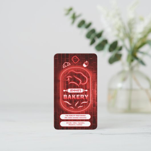 Trendy Red Neon Pink Bakery Custom Logo QR Code   名刺 (スタンド正面)
