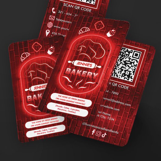 Trendy Red Neon Pink Bakery Custom Logo QR Code 名刺