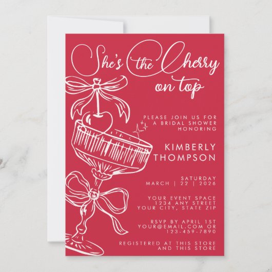 Trendy Red She's The Cherry On Top Bridal Shower 招待状 (正面)