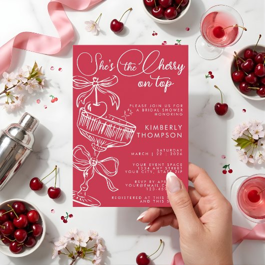 Trendy Red She's The Cherry On Top Bridal Shower 招待状
