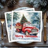 Trendy red truck Christmas scene rustic table 