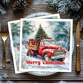Trendy red truck Christmas scene rustic table 