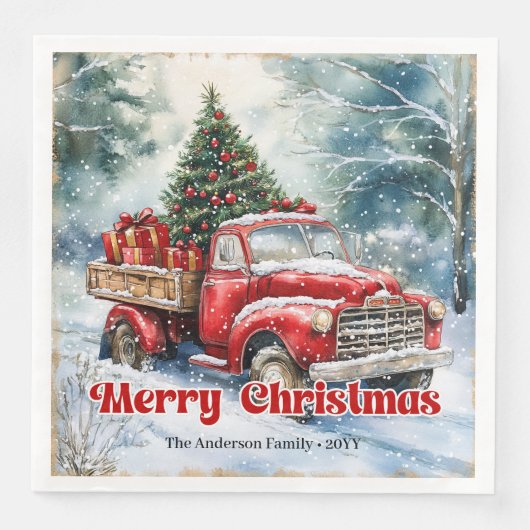 Trendy red truck Christmas scene rustic table  (正面)