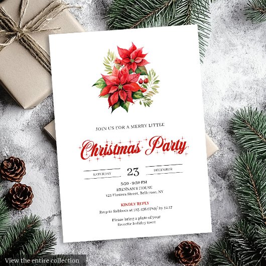 Trendy Red White Poinsettia Holiday Party Invites 招待状