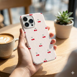 Trendy Retro Coquette Red Cherries Pinstripe iPhone 16 Pro Maxケース