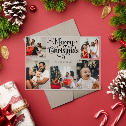 Trendy Retro Family Photo Collage Christmas Card アクリル招待状 (インサイチュ (クリスマス))