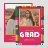 Trendy Retro Modern Grad Photo Graduation 招待状 (正面/裏面)