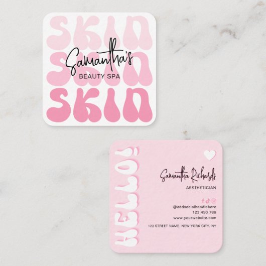 Trendy Retro Pink Beauty Salon Skin Aesthetician スクエア名刺 (正面/裏面)