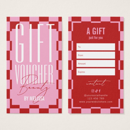 Trendy Retro Pink & Red Spa Salon Gift Voucher (正面&裏面)