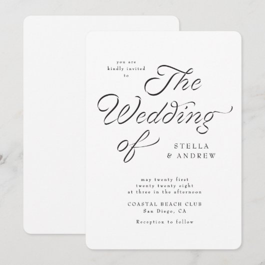 Trendy Ribbon Elegant Script Wedding Invitation 招待状 (正面/裏面)