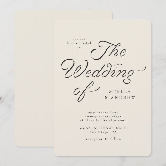 Trendy Ribbon Elegant Script Wedding Invitation 招待状 (正面/裏面)