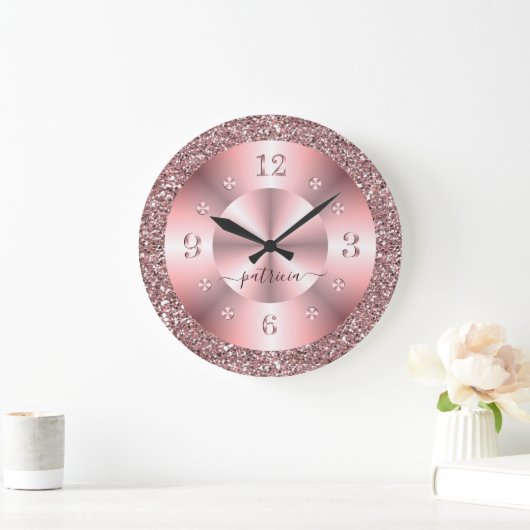 Trendy Rose Gold Glitter Sparkle Personalized Name ラージ壁時計 (ホーム)