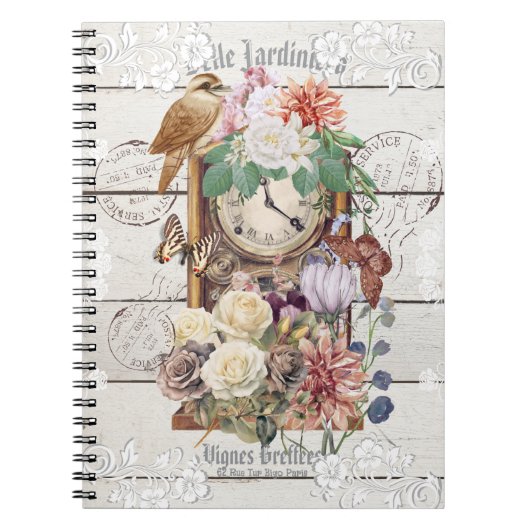 Trendy rustic antique clock French artwork Stamps ノートブック (正面)