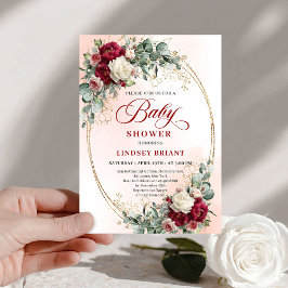 Trendy Rustic Burgundy Gold Baby Shower Invitation 招待状