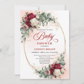 Trendy Rustic Burgundy Gold Baby Shower Invitation 招待状 (正面)