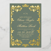Trendy Sage and Gold Rose Floral The Wedding of 箔招待状 (正面)