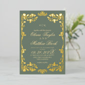 Trendy Sage and Gold Rose Floral The Wedding of 箔招待状 (立ち正面)