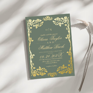 Trendy Sage and Gold Rose Floral The Wedding of 箔招待状