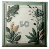 Trendy Sage Green Art Deco Leaves Botanical Number タイル (正面)