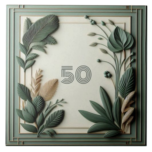 Trendy Sage Green Art Deco Leaves Botanical Number タイル (正面)