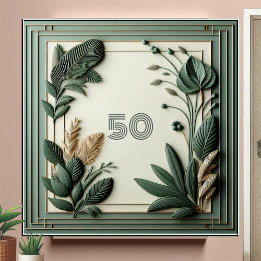 Trendy Sage Green Art Deco Leaves Botanical Number タイル