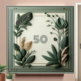 Trendy Sage Green Art Deco Leaves Botanical Number タイル