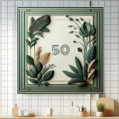 Trendy Sage Green Art Deco Leaves Botanical Number タイル