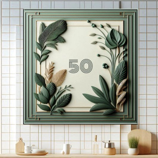 Trendy Sage Green Art Deco Leaves Botanical Number タイル