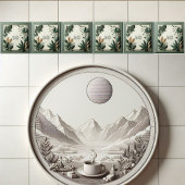 Trendy Sage Green Art Deco Leaves Botanical Number タイル