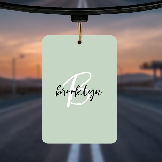 Trendy Sage Green Black White Script Monogram  カーエアーフレッシュナー